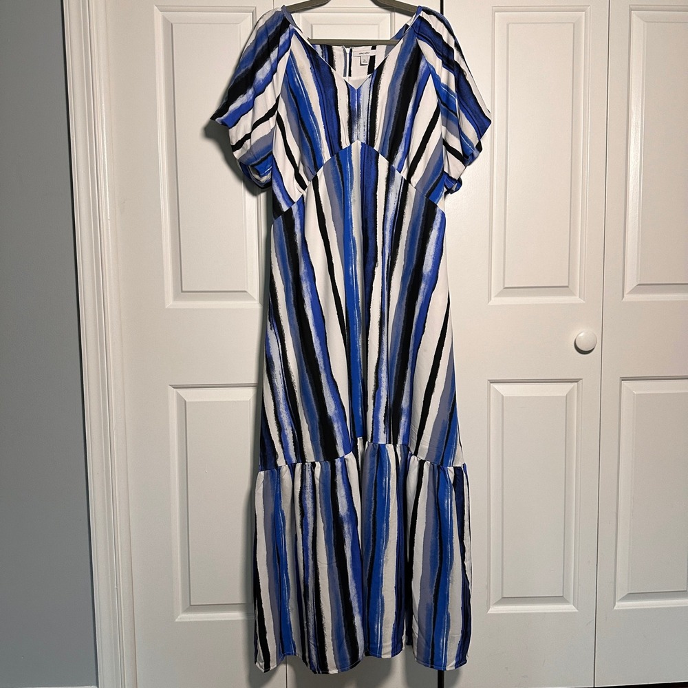 Nine West Blue White Black Striped V-Neck Tiered Maxi Dress XL Short Sleeve
